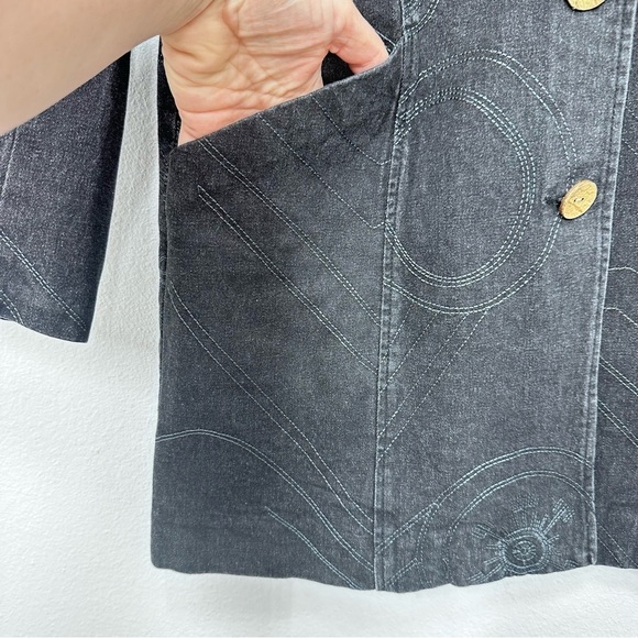 Vintage Dark Wash Denim Trenchcoat Swirl Eclectic 90s Women's Size Medium Petite - Picture 5 of 6